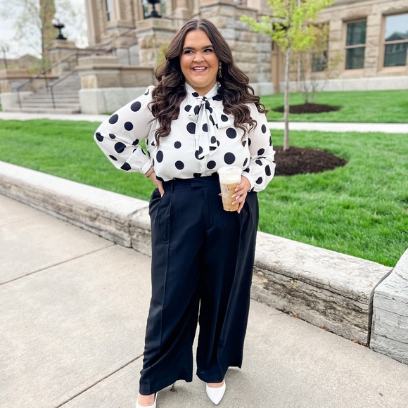Eloquii Tops - ELOQUII Size 22 Black and White Polka Dot Tie Neck Blouse